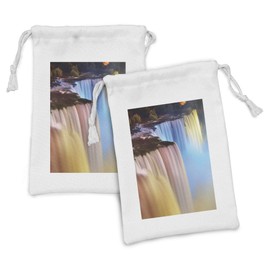 Lunarable Waterfall Fabric Pouch Set of 2, Niagara Falls Colorful Cascade Stream at Night View Waterfall Scenic Picture, Small Drawstring Bag for Toiletries Masks and Favors, 9" x 6", Multicolor