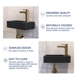 DeerValley Small Bathroom Sink, 15"x7" Mini Rectangle Wall Mount Vessel Sink for Bathroom Powder Room Cloakroom, Floating Space Saving Design, Easy to Clean Matte Black Ceramic Wash Basin (Right Hand)