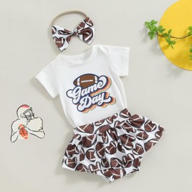 Honganda Cute Newborn Baby Girl Football Outfits Game Day Romper Football Tutu Shorts Skirt with Headband Summer Clothes Set (White+Brown, 6-12 Months)