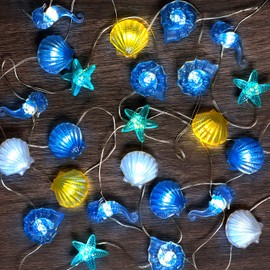 Xuhal 2 Sets Total 20 FT 60 LED Ocean Beach Nautical String Lights of Marine Life Seashell Seahorse Conch Waterproof Lights Battery Operated for Beach Bedroom Holiday