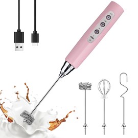 YUSWKO Pink Milk Frother Handheld with 3 Heads, Coffee Whisk Drink Foam Mixer with USB Rechargeable 3 Speeds, Electric Hand Frother for Latte, Cappuccino, Hot Chocolate, Egg