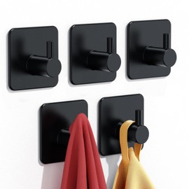 Adhesive Hooks Heavy Duty 22lb(Max) Wall Hooks, 5 Pack Self Adhesive Damage Free Utility Hooks Stainless Steel for Towel Coat Robe, Waterproof Oilproof Rustproof for Bathroom Shower Kitchen Office