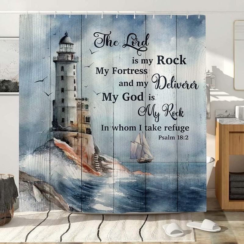 Bzhilja Ocean Lighthouse Shower Curtain, Coastal Nautical Sunrise Beach Seascape