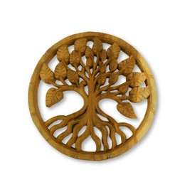 Thai Gifts Wooden Tree of Life Carving Wall Art Tile Plaque - Tree of Life With Leaves 30cm