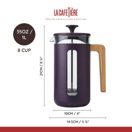 La Cafetière Pisa 8 Cup Cafetière In Purple Colour Durable Stainless Steel Plunger, Heat Resistant French Press With Stylish Natural Wood Handle, Versatile Coffee Tea Plunger, 10 Year Guarantee, 1L