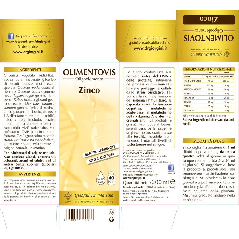 Dr Giorgini Integratore Alimentare, Zinco Olimentovis Liquido Analcoolico - 200