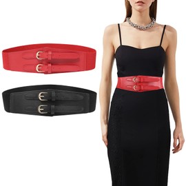 Wide Women's Waist Belt Elastic Belt - 6 cm Wide Waist Belt Double Buckle Adjustable Fashionable Women's Belt for Dresses, Black+red