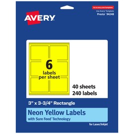 Avery Printable Rectangle Labels with Sure Feed Technology, 3" x 3-3/4", Neon Yellow Labels, Print-to-The-Edge, Laser/Inkjet, 240 Total, Great for Candle Labels and Ingredient Labels
