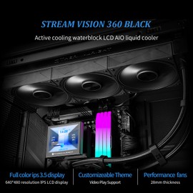 Thermalright Stream Vision 360 Black-AIO Liquid Cooler,3x120mm Water Cooling,3.5in LCD Screen with Embedded Fan,for AM4/AM5,LGA1700/1851,High Performance Magnetic Cooling Head for 640x480 Resolution