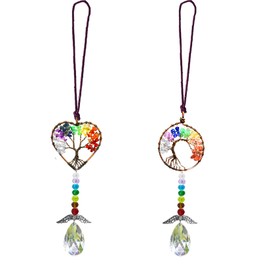 Healing Crystal Decor Tree of Life Car Hanging Accessories Suncatcher with Wings 7 Chakras Window Hanging Decor Meditation Ornaments Home Decoration (Heart+Round)