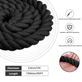 Natural Cotton Rope(1inches x 50ft), 3-Strand Twisted Cotton Rope, Natural Thick Black Rope, Soft Rope Cord Craft Rope for DIY Crafts Decoration Pet Toys, Indoor & Outdoor Use