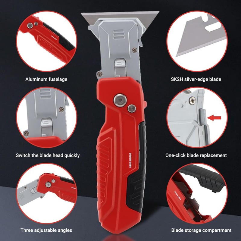 2-in-1 Folding Utility Knife and Scraper with Built-In Blade Storage,Includes