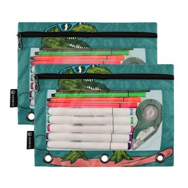 ALAZA Dinosaur Surf Pencil Pouch for 3 Ring Binder Pencil Bags Pockets Pencil Case with Clear Window Zipper Cosmetic Bags for Office College Supplies 2PCS