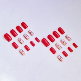 Spring Press on Nails Medium Length Coffin Shaped Fake Nails Flower Stick on Nails Red Glue on Nails Glossy Acrylic False Nails Cute Nails Artificial Nails Reusable Nails Kit for Women Girls 24Pcs
