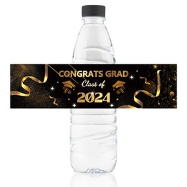 URROMA Water Bottle Labels Congrats Grad, 50 Pcs Graduation Season Water Bottle Wraps Black Gold Sticker Water Bottle Labels for Graduation Ceremony