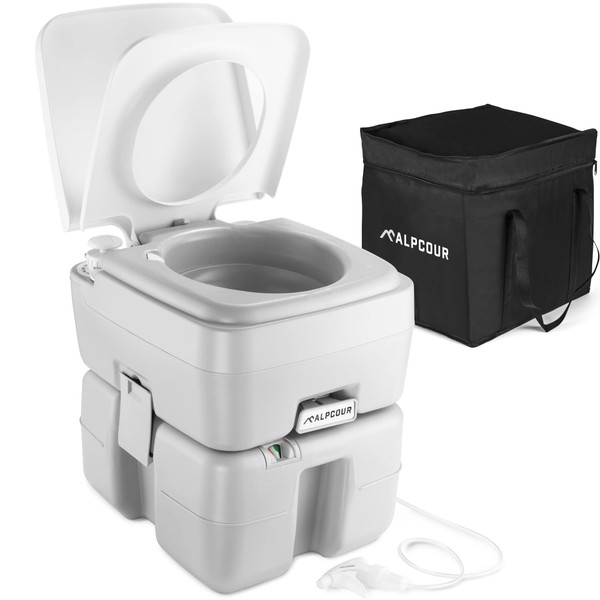 Alpcour Portable Toilet – Compact Indoor & Outdoor Commode w/Travel Bag for Camping, RV, Boat & More – Piston Pump Flush, 5.3 Gallon Waste Tank, Built-In Pour Spout & Washing Sprayer for Easy Cleaning