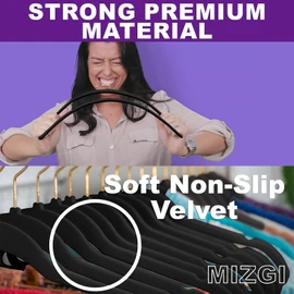 MIZGI Premium Velvet Hangers Pack 60 Pcs Heavyduty - Non Slip Slimline - Velvet Suit Hanger Black - Gold Hooks,Space Saving Clothes Hanger