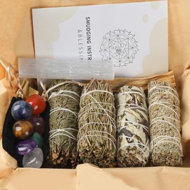 Sage Smudge Kit for Home Cleansing - Stress Relief Sage Kit, Smudge Sticks 4" Long, Smudging kit with Healing Crystals for Cleansing Negative Energy