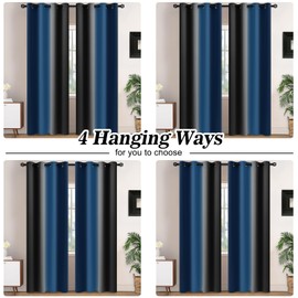 Yakamok Blackout Ombre Dark Blue and Black Curtains for Bedroom, Gradient Room Darkening Curtains, Grommet Thermal Insulated Light Blocking Window Drapes/Curtain for Living Room,52 x 84 Inch,2 Panels