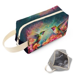 SuoSycorax Floral Hummingbird Printed Quilted Makeup Pouch for Women - Velvety Polyester Cosmetic Organizer w/Triple Compartments, Travel & Makeup Brush Holder