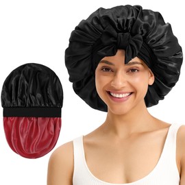 Satin Bonnet Hair Bonnet for Sleeping, Double Layer Sleep Bonnet Night Cap with Tie Band for Braid Curly Hair (Black/Red)