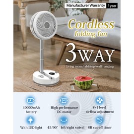 10 inch Portable Fan-Battery Operated Fan, Oscillating Rechargeable Fan with 40000mAh, Remote Control LED Lights, 114HR Run Time, Outdoor Portable Foldable Fan for Camping＆travel (White)