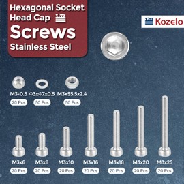 Kozelo 260pcs M3 Socket Head Cap Screws Bolts Nuts Assortment Kit - [M3x6/8/10/16/18/20/25mm] 304 Stainless Steel Allen Socket Drive for 3D Printer