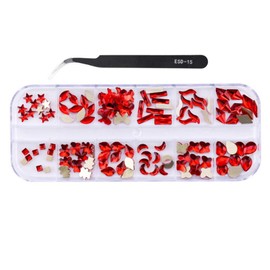 AKOAK 1 Box of 12 Small Compartments Nail Special-Shaped Diamond Nail Dazzle Glass Accessories 120 Sizes of Mixed Jewelry Nail Art Decoration Supplies (A - 07, Red AB)