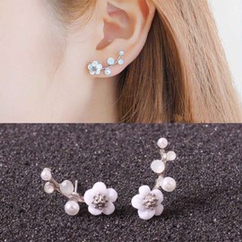 Sttiafay Flower Pearl Stud Earrings Cute Leaf Ear Climber Crawler Earrings Wedding Bridal Ear Jewelry for Women