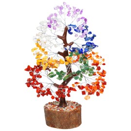 Crocon Seven Chakra Gemstone Tree Feng Shui Figurine Money Bonsai Good Luck Reiki Healing Crystals Balancing Decoration Ornament Sculpture Wealth Prosperity Table Room Decor Gift Size 10-12"