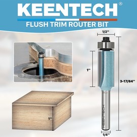 KEENTECH Router Bits 1/4" Shank, Flush Trim Router Bit, Bearing Carbide Tipped Pattern Bit, Template Straight Heavy Duty Woodworking Trimming Cutting Tool for Wood, 1/2" Diameter, 1" Depth