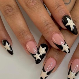 BQZQPAMZ Press on Nails Pointed Black, White Star Almond Shape Fake Nails Medium Length Stick on Nails Full Coverage Acrylic Artificial Fingernails for Women Manicure