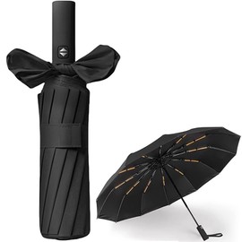 HNJZX Umbrella, Windproof Travel Umbrella with 24 Ribs (12 * 2), Durable Automatic Umbrella for Rain & Sun, Portable Compact Umbrella with Canopy Umbrella Fits Car & Backpack, Black