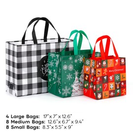 YANGTE 20 Pack Christmas Gift Bags Assorted Sizes, Reusable Tote Bags with Handle, Includes 4 Large 8 Medium 8 Small Non-Woven Christmas Bags for Xmas Party Favors