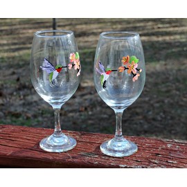 Hummingbird with Flowers Hand Painted Stemmed Wine Glasses Set of 2