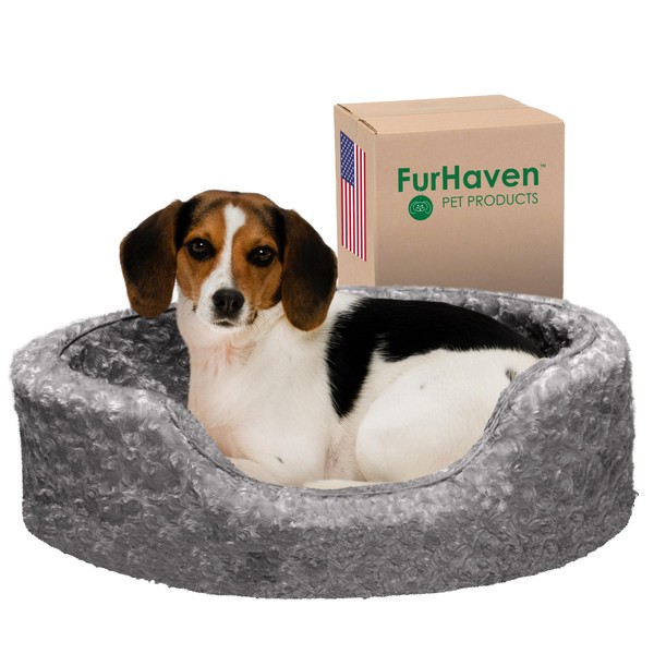 Furhaven Dog Bed for Medium/Small Dogs w/ Removable Washable Cover & Pillow Cushion Insert, For Dogs Up to 18 lbs - Ultra Plush Faux Fur Oval Lounger - Gray, Medium
