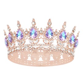 Queen Crown Rhinestone Wedding Crowns and Tiaras for Women Costume Party Hair Accessories Princess Birthday Crown Crystal Bridal Crown (Rose Gold Crown-Violet)