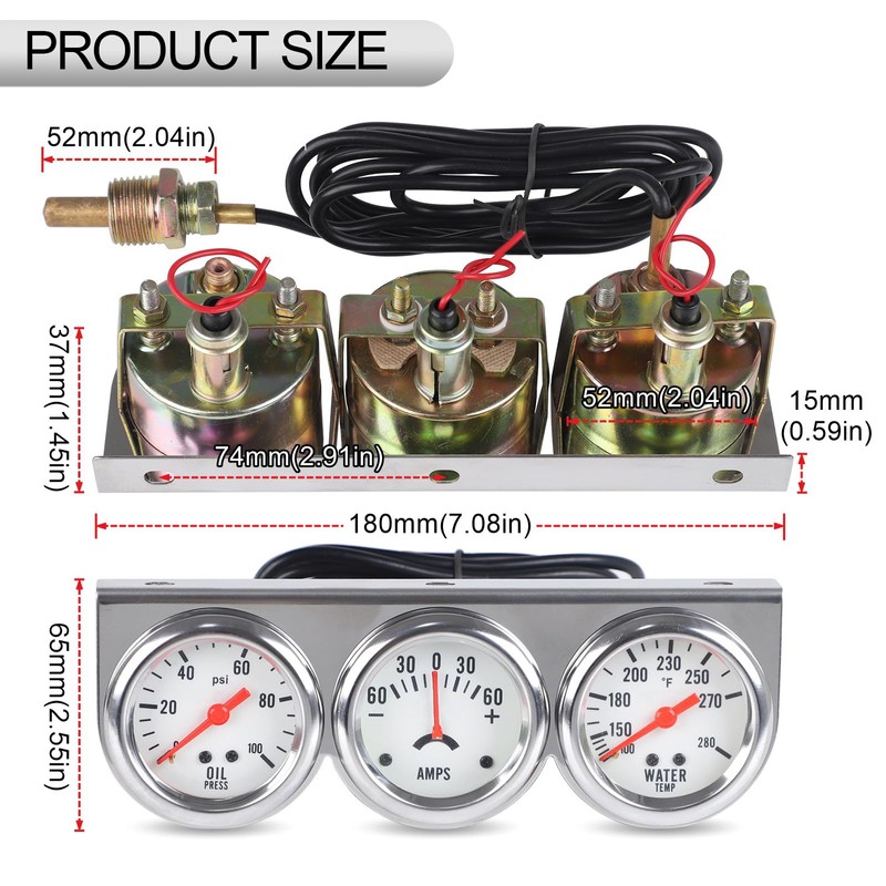2" 52 mm 3 in1 Car Meter Triple Gauge Kit