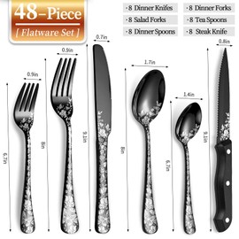 48-Piece Black Silverware Set with Steak Knife, Stainless Steel Flatware Cutlery Set Service for 8, Mirror Polished Tableware Eating Utensils Set for Home Kitchen, Dishwasher Safe