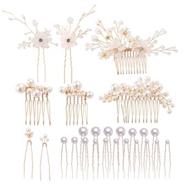 inSowni 26 Pack Gold Flower Pearl Wedding Bridal Hair Side Combs+U Shaped Hair Pins Clips Decorative Barrettes Rhinestone Crystal Accessories Headpieces for Women Girls Brides Bridesmaids