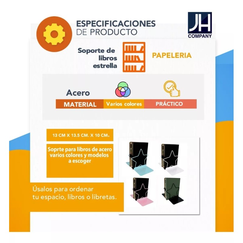 J.H. Company Sujetador Libros Estrella Kawaii Metalico Escritorio Sx-925