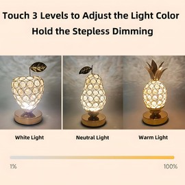 Crystal Pineapple ShapeTable Lamp for Bedroom, 3 Colour Infinitely Dimming Battery Powered Small Desk Lamp,USB Rechargeable Touch Lamp for Restaurant,Bedroom,Bar,Coffee Shop,Living Room