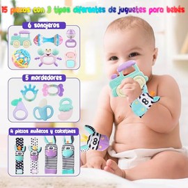 15 Piezas Juguetes para Bebé, Sonajas para Bebe, Mordedera para Bebe, Sonajero Calcetines y Muñequeras, Estimulacion Temprana para Bebés de 0-12 Meses, Regalos para bebe (macarrones)