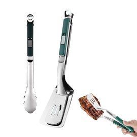 2Pcs Kitchen Cooking Tongs,Grill Clamp Spatula,Multi Functional Grill Clip 2-in-1,304 Stainless Steel Grill Clamp Spatula,for Flipping Bread Steak Fish Toast-Sliding Buckle Push Pull Design（Green）