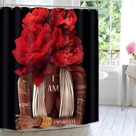 MESHELLY Red Black Girl Shower Curtain 60Wx72H African American Burgundy Rose Peony Floral Bathroom Curtain Black Woman Positive Quote Bath Curtain Vintage Afro Lady Fabric Bathroom Decor with 12 Hook
