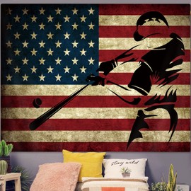 GOAOK Sports Tapestry For Boys Bedroom, Vintage American Flag Tapestry, Vintage Baseball USA Sports Theme Baseball Poster for Living Room Bedroom Dorm, 60X40In Red Brown Black