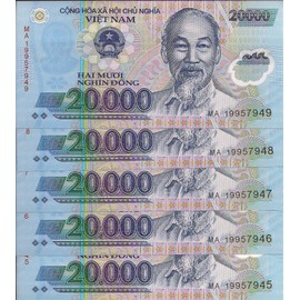Collectible Banknotes 5 X 20,000 Dong Banknote, 2021, UNC, Polymer