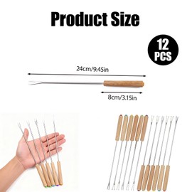 12 forchette per fonduta in acciaio inox con manico in legno, di alta qualità con manico resistente al calore, lunghezza 24 cm, per fonduta di formaggio, fonduta al cioccolato e Chamallows al bar