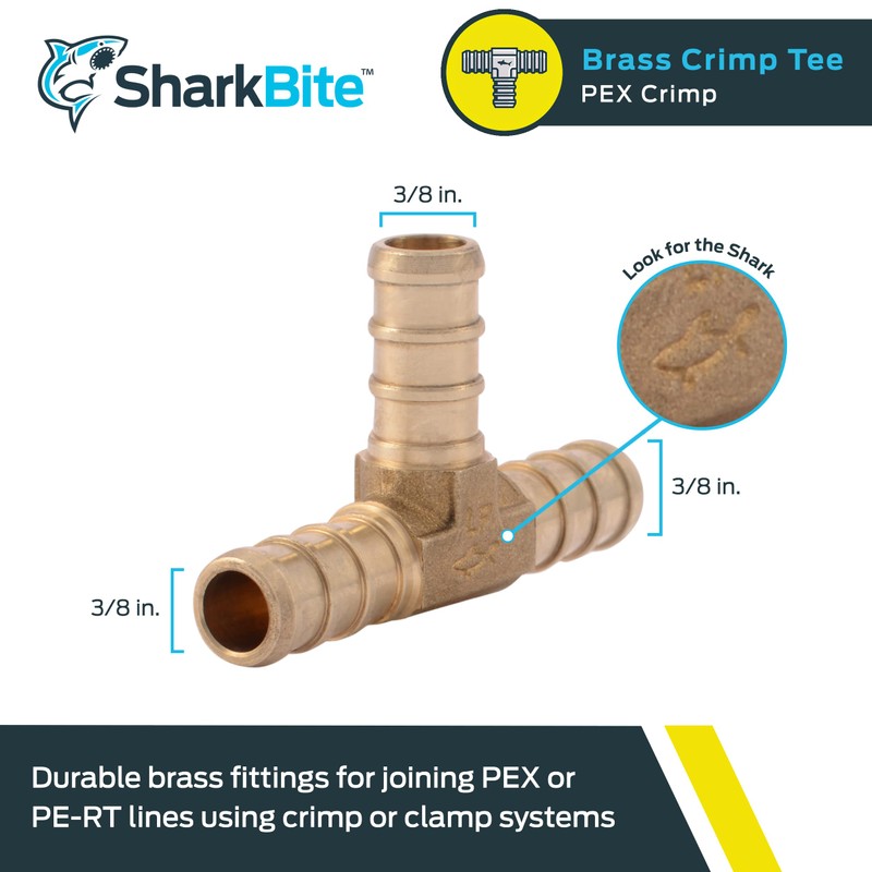 SharkBite 3/8 Inch Crimp Tee, Brass Plumbing Fitting, PEX Pipe,