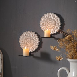 SOFE Boho Wall Candle Sconces Set of Two, Carved Flower Candle Wall Sconces Wooden, Rustic Wall Candle Holders for Pillar Candles, Bathroom, Entryway, Hallway Art Wall Decor